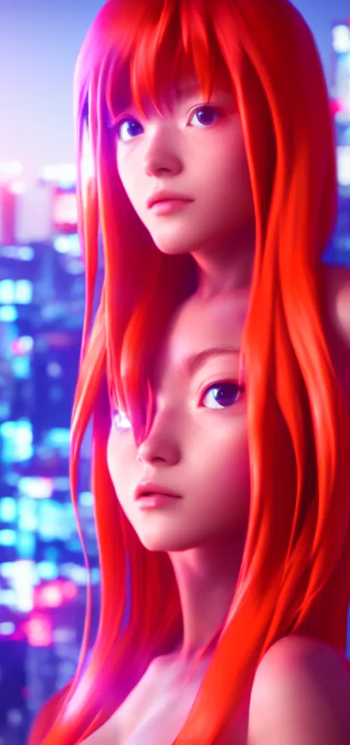 Prompt: asuka langley in a neon city, octane render 8 k, photorealistic render, atmospheric render, beautiful face, cute, realistic skin, redshift render, realistic reflections