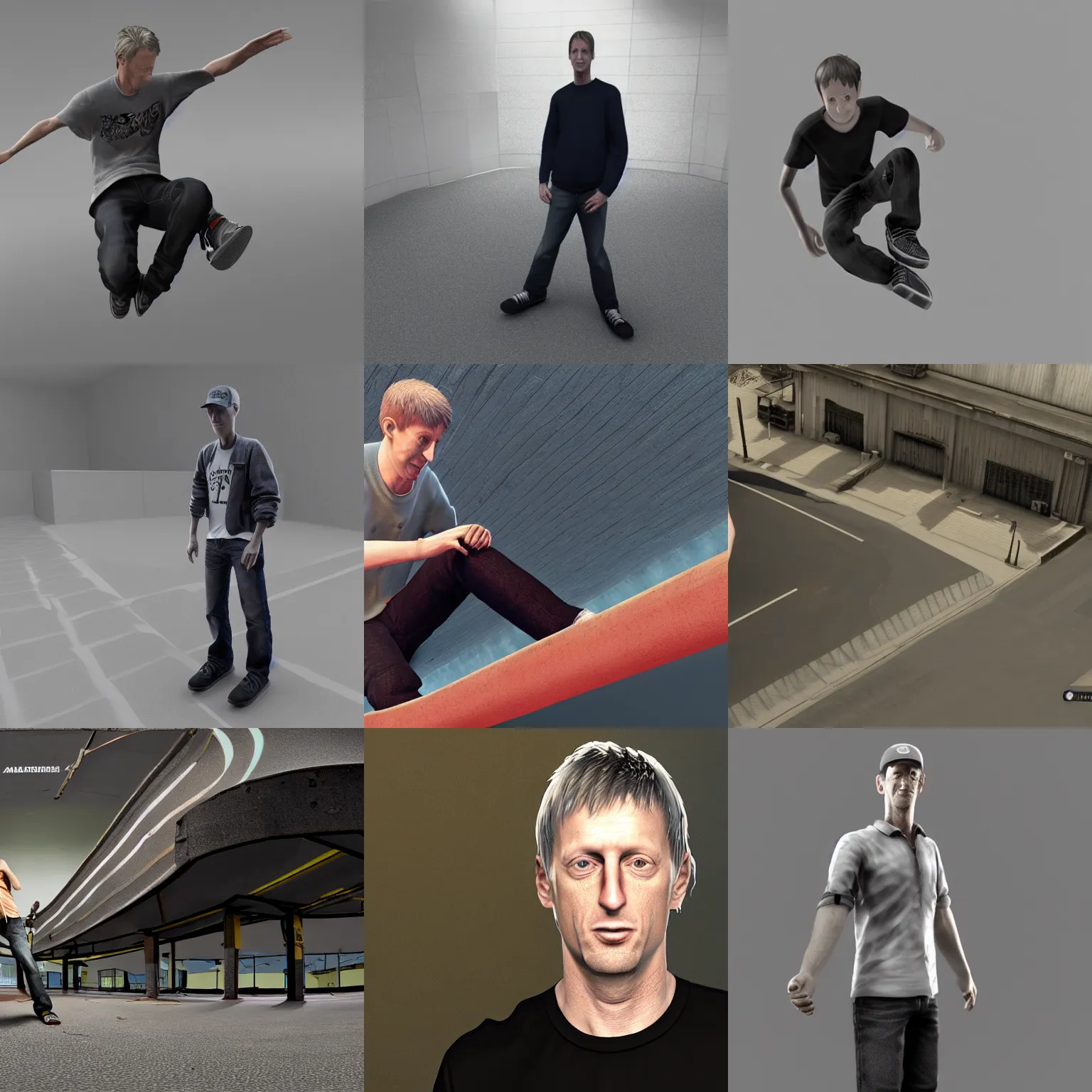 Prompt: tony hawk, 3 ds max animation, redshift render, realistic, cloth sim, fisheye 4 k