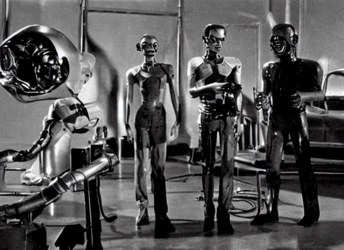 Prompt: Scene from the 1954 science fiction film The Terminator