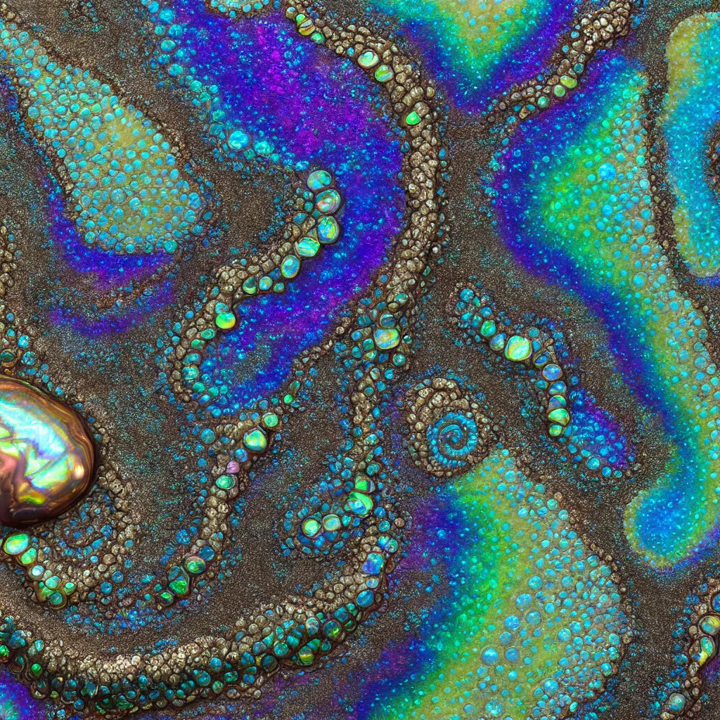 Prompt: art nouveau cresting oil slick waves, druzy geode, bubbles in a shiny iridescent oil slick wave, ammolite, black opals, rococo, organic rippling spirals, realistic hyperdetailed ultrasharp octane render, abalone, ammonite, paua shell