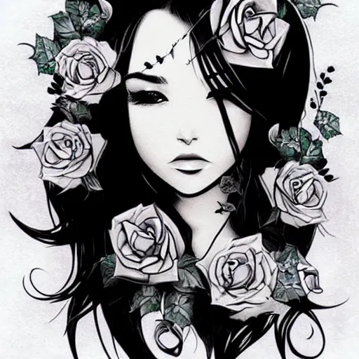 Prompt: tattoo design, stencil, beautiful girls face, long black hair, roses and ivy surrounding by artgerm, artgerm, cat girl, anime