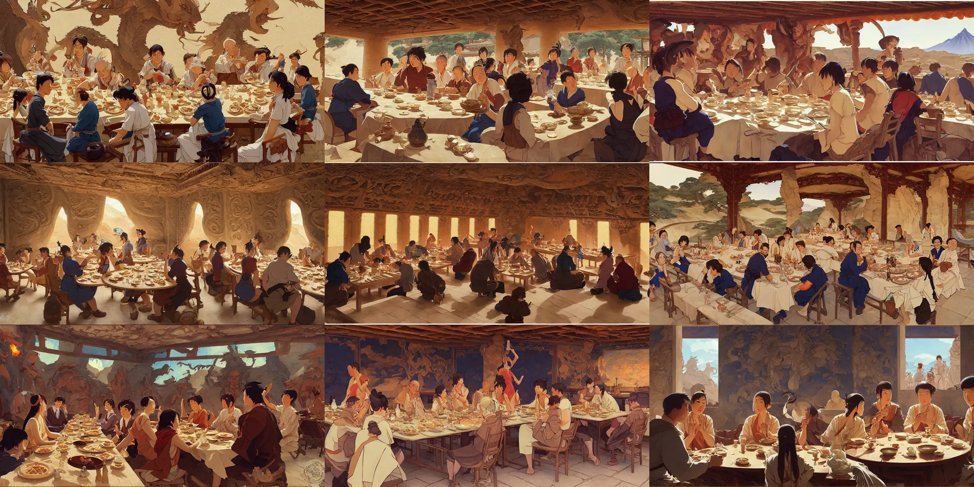 Prompt: mogao grottoes, people having dinner, in the style of studio ghibli, j. c. leyendecker, greg rutkowski, artem