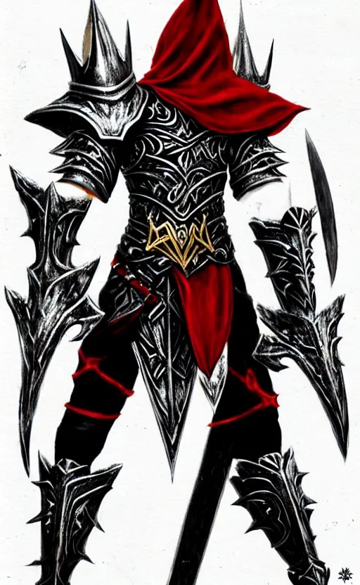 Prompt: A male elf, 20 years old, short silver hair, red eyes, spiked black metal crown with three round designs on the front side, black heavy armor with gold trim, red cape, lean but muscular, attractive, command presence, royalty, weathered face, smooth, sharp focus, illustration, concept art, highly detailed, muscle definition, fantasy paitning, ArtStation, ArtStation HQ