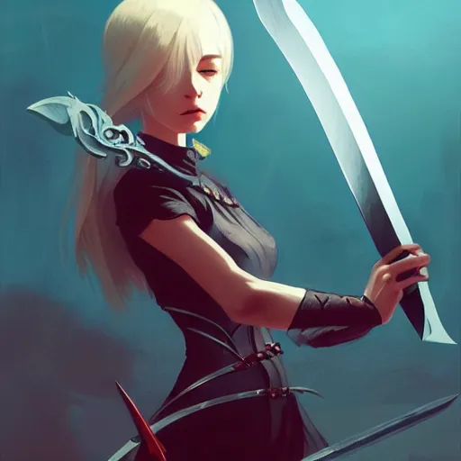 Image similar to a woman holding a sword with a dragon on it, concept art by Ilya Kuvshinov, contest winner, fantasy art, official art, concept art, high detail, experimental, high quality, hyperrealistic, 4k