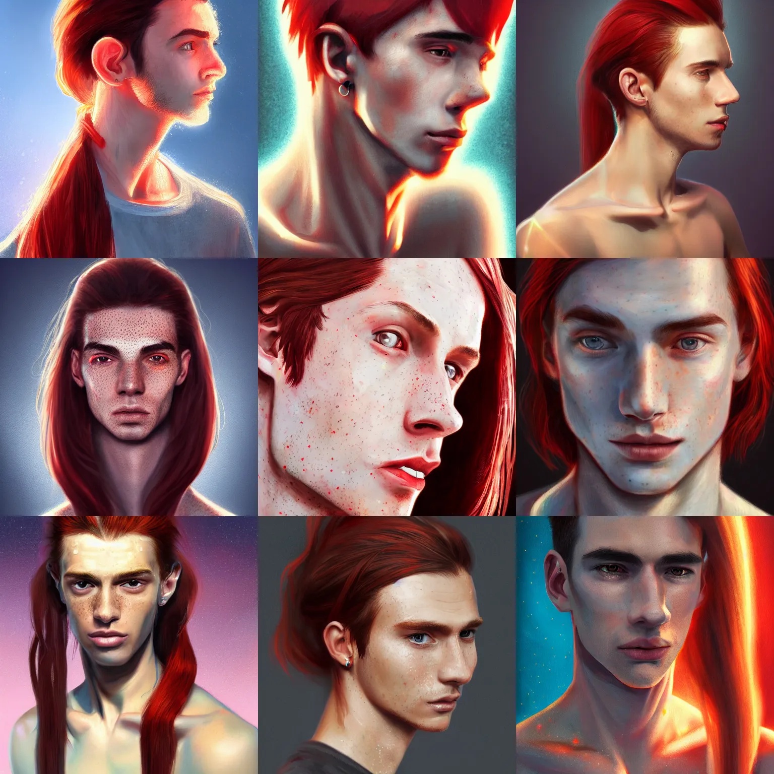 Image similar to portrait of a thin young man with long red hair, ponytail, a lot of freckles on his face, an earring, intricate, elegant, glowing lights, highly detailed, digital painting, artstation, concept art, smooth, sharp focus, illustration