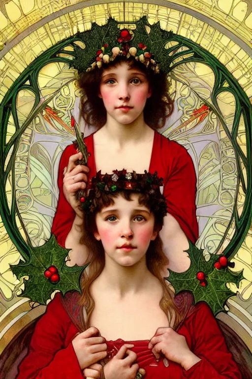 Prompt: realistic art nouveau style detailed portrait of 1 4 - year - old millie bobby brown wearing a holly wreath as a crown at christmas by alphonse mucha, william adolphe bouguereau, and donato giancola art nouveau style, red and green christmas colors