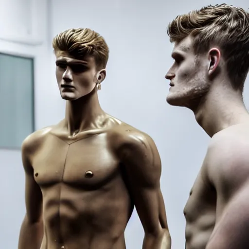 Image similar to a realistic detailed photo of a guy who is an attractive humanoid who is half robot and half humanoid, who is a male android, soccer players martin ødegaard & timo werner, shiny skin, posing like a statue, blank stare, in a factory, on display, showing off his muscles, gold soccer shorts, side view, looking at each other mindlessly