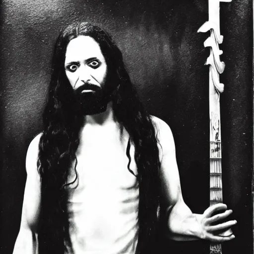 Image similar to studio photo of jesus in a black metal band, studio portrait