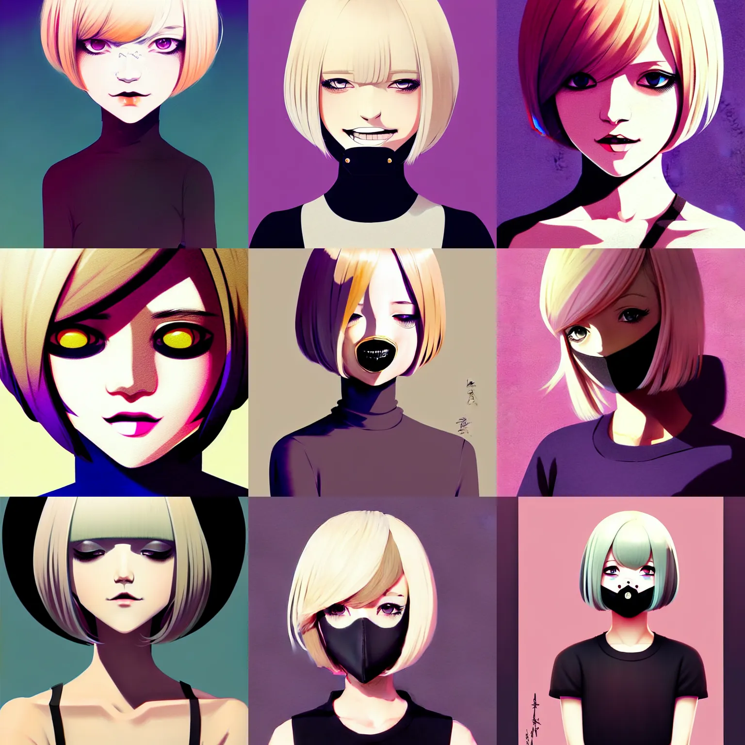 Image similar to urban girl fanart with black facemask, blond bob haircut, muted colors, matte print, pastel colors, ornate, digital art, cute smile, digital painting, fan art, elegant, pixiv, by Ilya Kuvshinov, by Studio Ghibli