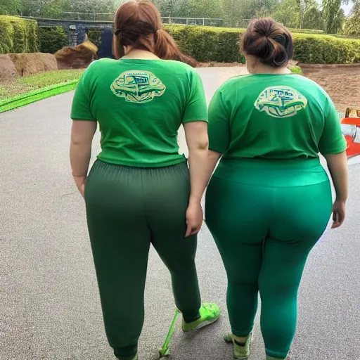 Image similar to back behind of thicc Princess Fiona wearing green sweatpants, and a green shirt