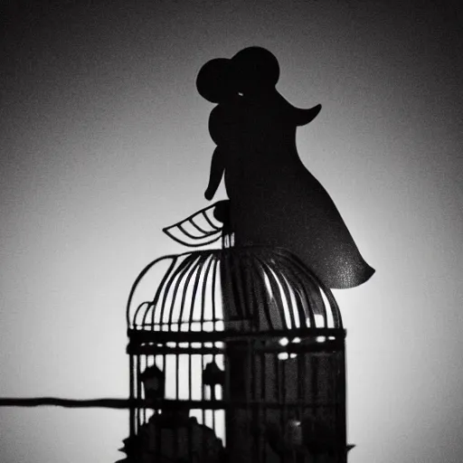 Prompt: two shadowy figures hugging each other in a birdcage, black and white