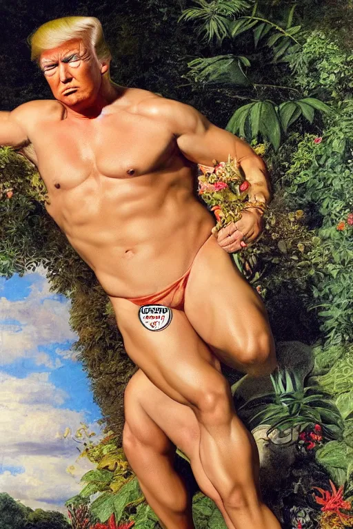 Image similar to muscular Donald Trump, in a Speedo, smoking marijuana, golden hour, in a garden, artstation, by J. C. Leyendecker and Peter Paul Rubens,