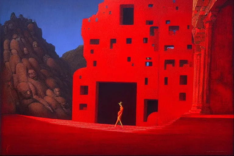 Image similar to only with red, a red melted emperor in an authoritarian position, taormina amphitheatre, crowd hails him, in the style of beksinski, parts by edward hopper, parts by rodcenko, parts by yue minjun, intricate and epic composition, red by caravaggio, insanely quality, highly detailed, masterpiece, red light, artstation, 4 k