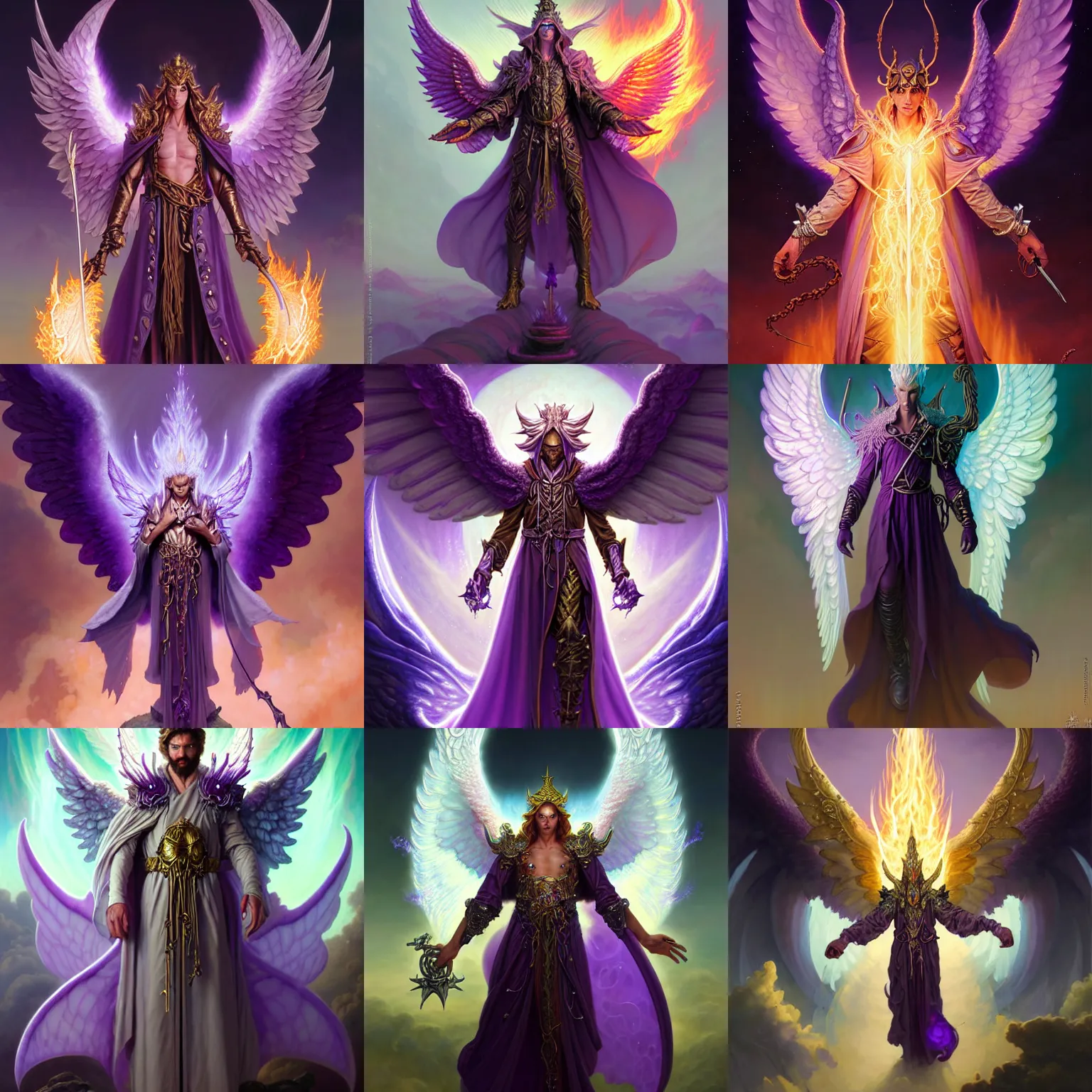 Prompt: fantasy character portrait, amethyst robe male warlock with burning angel wings, ultra realistic, wide angle, intricate details, aurora artifacts, highly detailed by peter mohrbacher, hajime sorayama, wayne barlowe, boris vallejo, aaron horkey, gaston bussiere, craig mullins