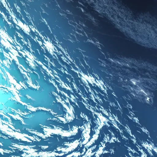 Prompt: satellite footage of an inhabitable planet that is mostly ocean, clouds swirl on the surface, the curvature of the earth can be seen, hyper detailed, trending on artstation, 4 k