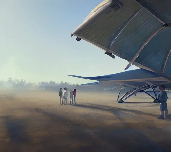 Image similar to photo from a drone, people near the plane at the airfield, painting by craig mullins, octane rendering, soft morning lighting, wide angle lens, in the style of hayao miyazaki, trending on artstation,