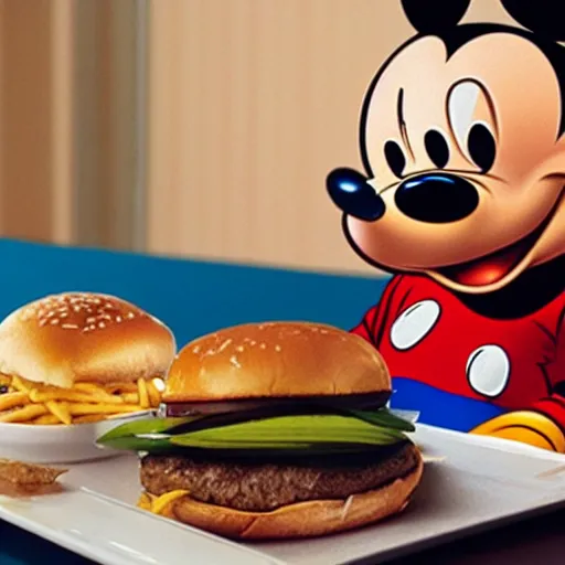 Prompt: mickey mouse eating a burger