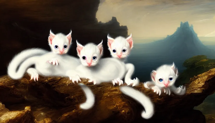 Prompt: highly detailed painting of white cute baby furry scaled oriental dragon kittens on a blue and white iceberg by william turner, by greg rutkowski, by william constable, thick brush strokes and visible paint layers, 4 k resolution