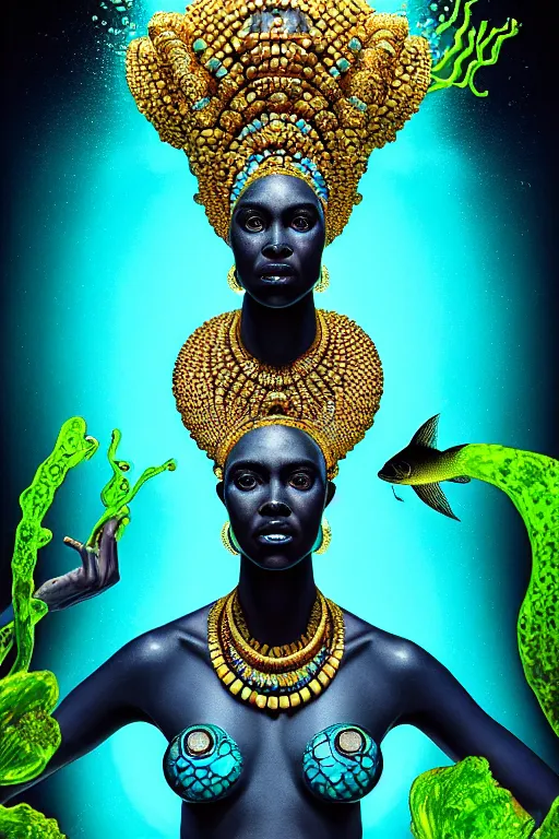 Image similar to hyperrealistic precisionist cinematic very expressive! bioluminescent african goddess, full body, underwater scene with fish and algae, gold jewerly, highly detailed face, digital art masterpiece, eric zener cam de leon, dramatic pearlescent turquoise light on one side, long shot, low angle uhd 8 k, sharp focus