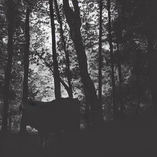 Image similar to low quality photograph of a cow looking at the camera at night, dark, creepy mood, dark forest, low lighting