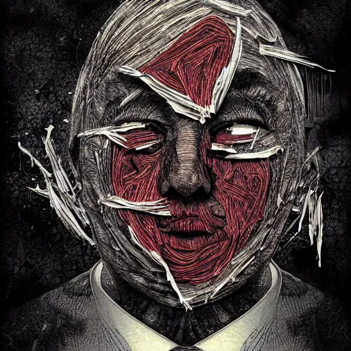 Prompt: face shredded like paper news scared, dark horror, surreal, illustration, by ally burke