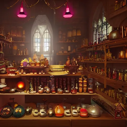 Image similar to inside a magical item shop, fantasy potion vendor interior, ufotable studio art style, gothic interior, 8 k, octane render, unreal engine