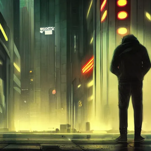 Image similar to A broad shouldered, large man in a techwear outfit, high quality, digital art, dire cyberpunk city, gray sky, neon signs in background, greg rutkowski