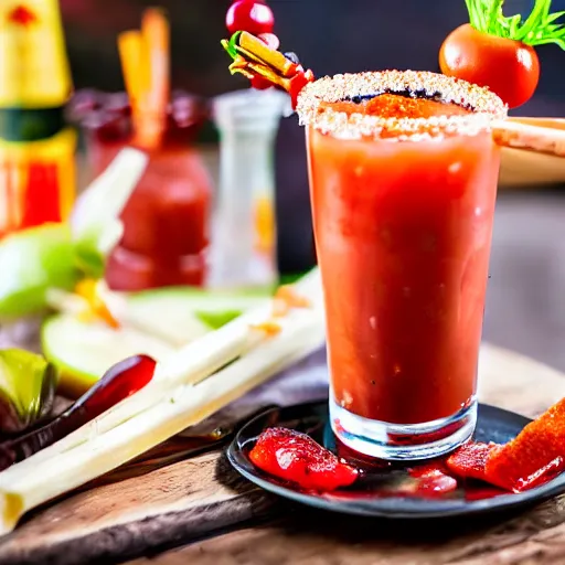 Prompt: a Bloody Mary cocktail with various food items on a stick in the glass ultra realistic