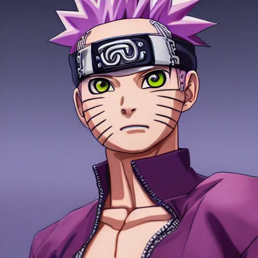 Image similar to close up portrait of a naruto in smooth purple ninja uniform, blue spiked hair, muscular, intense, body of an ultrafine hyperdetailed illustration by kim jung gi, irakli nadar, intricate linework, sharp focus, bright colors, octopath traveler, final fantasy, unreal engine 5, global illumination, radiant light.