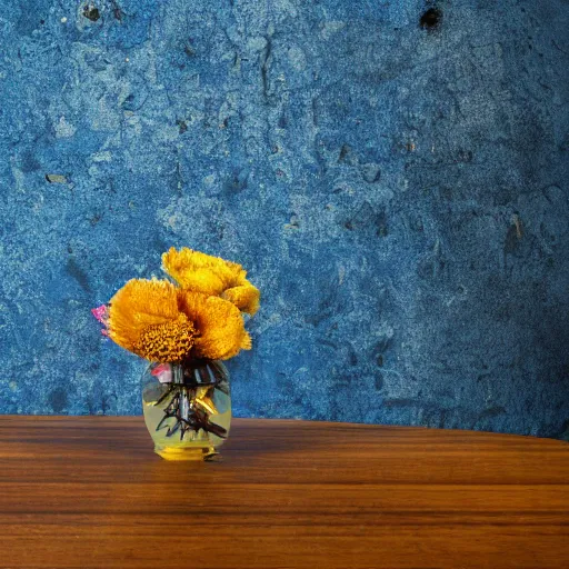 Prompt: a medium-shot neat studio photographic still life with lightyellow dried messy flower bouquet, in a skull-shaped vase, on seablue handmade wallpapers background, with a shadow, studio lightning, kodachrome