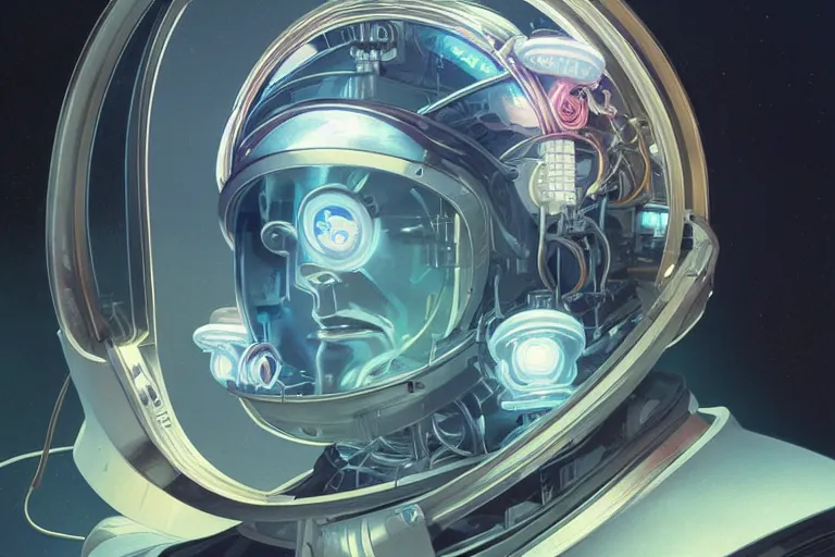 Image similar to portrait of a biomechanical head inside a retro space helmet, vintage transistors, neon, tron, white metal, iridescent visor, smooth, sharp focus, art by Greg Rutkowski and Alphonse Mucha,