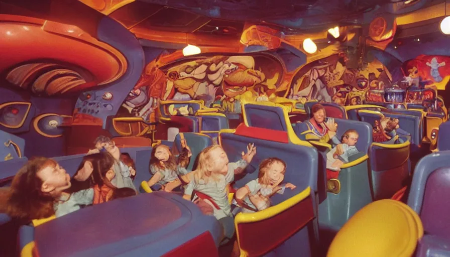 Prompt: 1990s photo of inside the Ren & Stimpy ride at Universal Studios in Orlando, Florida, children riding through the space ship episode with Log and soap , cinematic, UHD