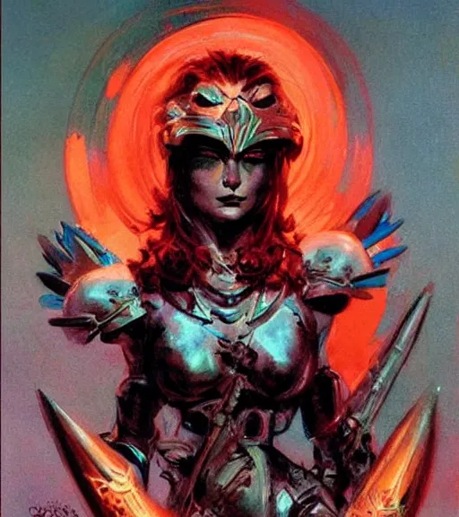 Prompt: portrait of strong female chaos angel, beautiful! coherent! by frank frazetta, by brom, strong line, vivid neon color, spiked metal armor, iron helmet maximalist