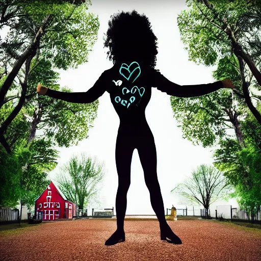 Image similar to a giantess man with a giant woman dancing together, enormous, big, photoshop, photo manipulation, trees, houses, street, hearts symbol