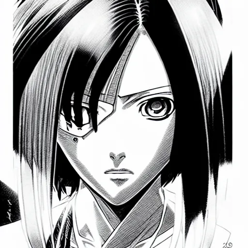 Image similar to alita by yukito kishiro. medium shot. black and white manga. pencil drawing. high detailed face