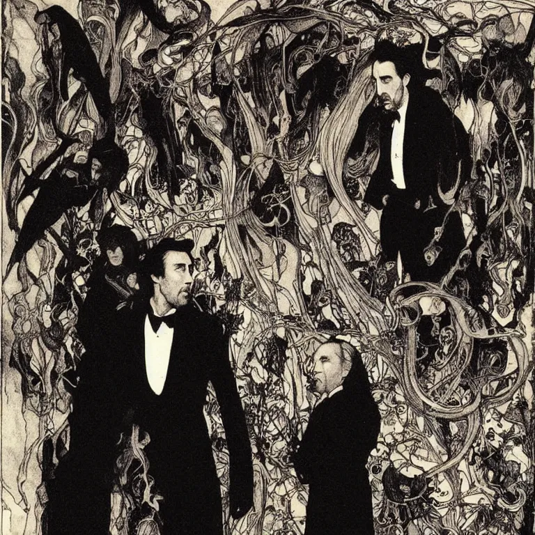 Image similar to nicholas cage stands in a black room with a black dress with a cut - out on the back, anton pieck, jean delville, amano, yves tanguy, alphonse mucha, ernst haeckel, edward robert hughes, stanisław szukalski and roger dean