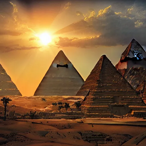 Image similar to epic disasterpiece Egyptian Sun God surrendering to darkness by Ken Kelly, photorealistic, cinematic, fantastic reality, detailed, intricate dramatic lighting, establishing shot, 8k resolution – W 1024