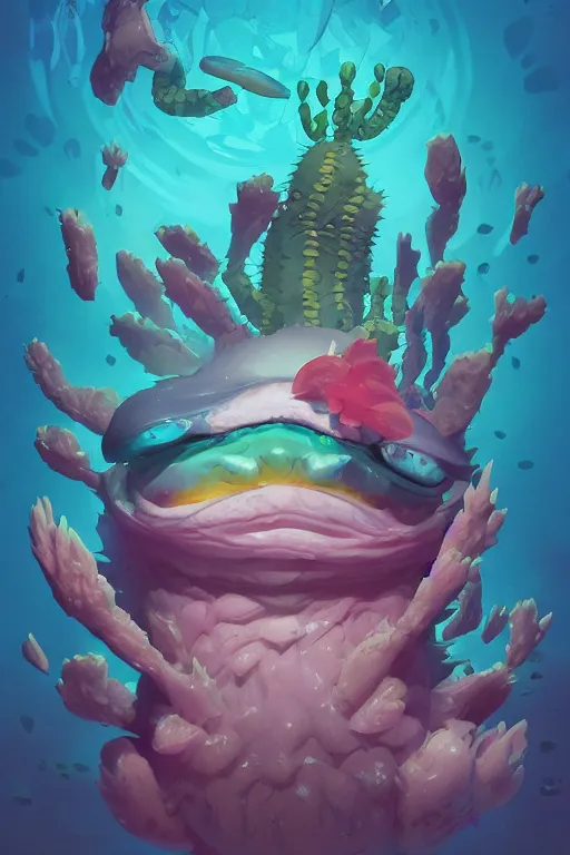 Image similar to 3 d render creature animal sushi cristal very big eye roots cactus elemental flush of force nature micro world fluo fishscale, comics gta 5 cover, official fanart behance hd artstation by jesper ejsing, by rhads, makoto shinkai and lois van baarle, ilya kuvshinov, ossdraws