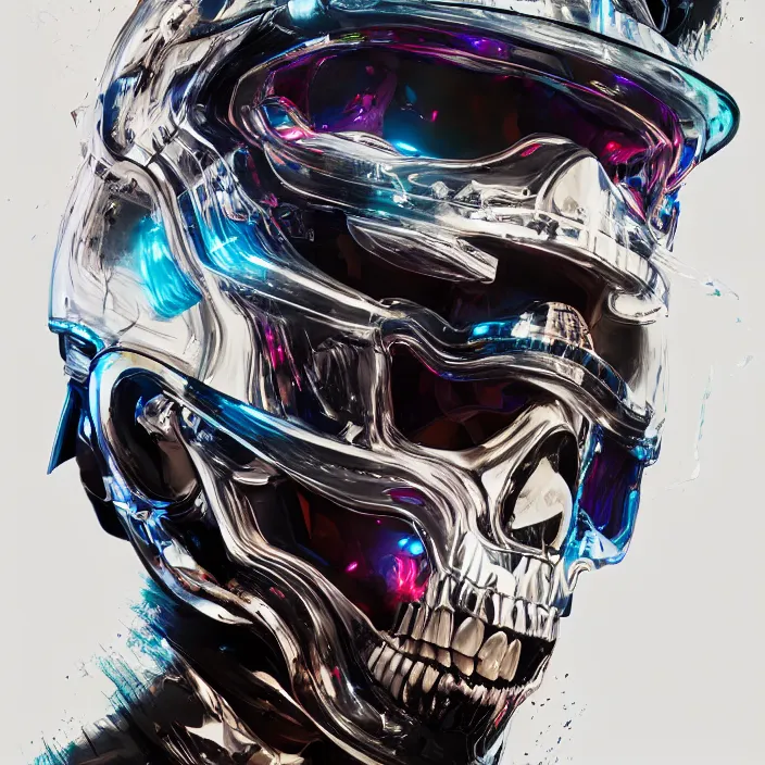 Image similar to portrait of a skull in a racing helmet. intricate abstract. intricate artwork. by Tooth Wu, wlop, beeple, dan mumford. octane render, trending on artstation, greg rutkowski very coherent symmetrical artwork. cinematic, hyper realism, high detail, octane render, 8k, iridescent accents