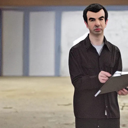 Image similar to nathan fielder walking around hell with a clipboard painted by lorenzo de'medici