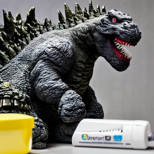Prompt: godzilla brushing his teeth with a electric toothbrush