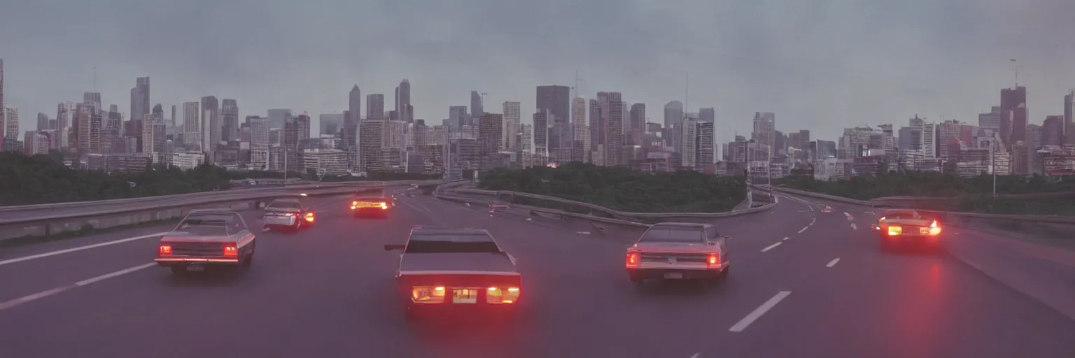 Image similar to 8 0 s neon movie still, high speed car chase on the highway with city in background, medium format color photography, 8 k resolution, movie directed by kar wai wong, hyperrealistic, photorealistic, high definition, highly detailed, tehnicolor, anamorphic lens, award - winning photography, masterpiece