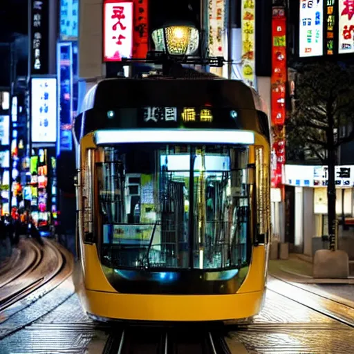 Image similar to a tram ride in tokyo at night, hyper realistic, very detailed, cinematic