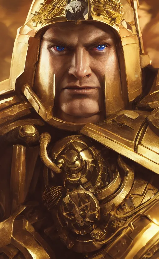 Image similar to warhammer 40k, half-lenght portrait of Emperor of Mankind, beautiful man without helmet, gold armor, beautiful face, long blonde hair, digital art, illustration, fine details, cinematic, highly detailed, octane render