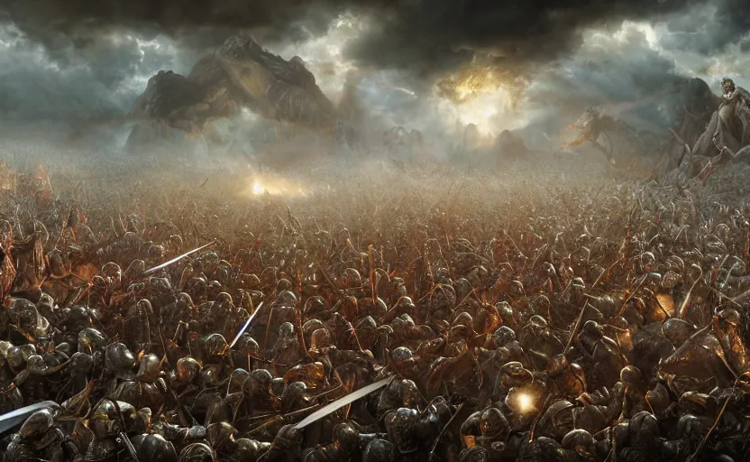 Image similar to realistic photograph of the battle of the pelennor fields, detailed, by erwin olaf, joop geesink, lisa frank, hr giger, beksinski, brian froud, 8 k resolution, beautiful lighting, studio light, extremely detailed, establishing shot, realistic materials, hyperrealistic