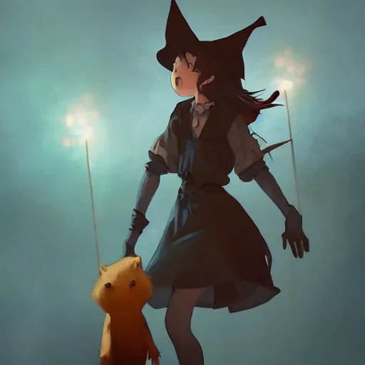 Image similar to full body portrait character concept art, anime key visual of a little witch with her capybara mascot, cinematic lighting, dramatic atmosphere, by dustin nguyen, akihiko yoshida, greg tocchini, greg rutkowski, cliff chiang, 4 k resolution, craig mullins