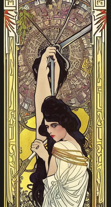 Image similar to an art deco tarot card of the grim reaper with a scythe, digital painting by tamara de lempika and an elegant border by alphonse mucha.