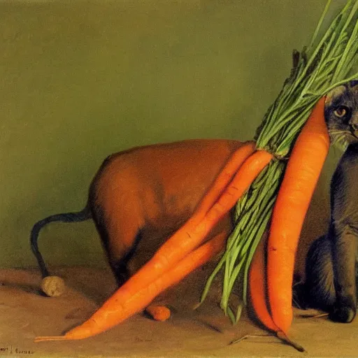 Prompt: burmese cat and carrot, oil painting by Ivan Shishkin, renaissance drawing