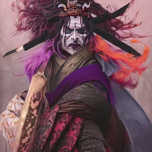 Prompt: an epic portrait of insane kabuki male wielding a spear covered in a distorting aura, intricate purple hakama, poofy red wig, eerie, highly detailed, dark fantasy, shallow depth of field, art by artgerm and greg rutkowski