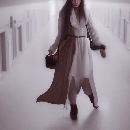 Image similar to a beautiful woman wearing a travel outfit walks down a white corridor by olivia malone, long hair, amazingly detailed, fantastic detailed eyes, pretty face, aged 2 5, swedish, photo realistic, photograph, 3 5 mm, octane render, trending on artstation